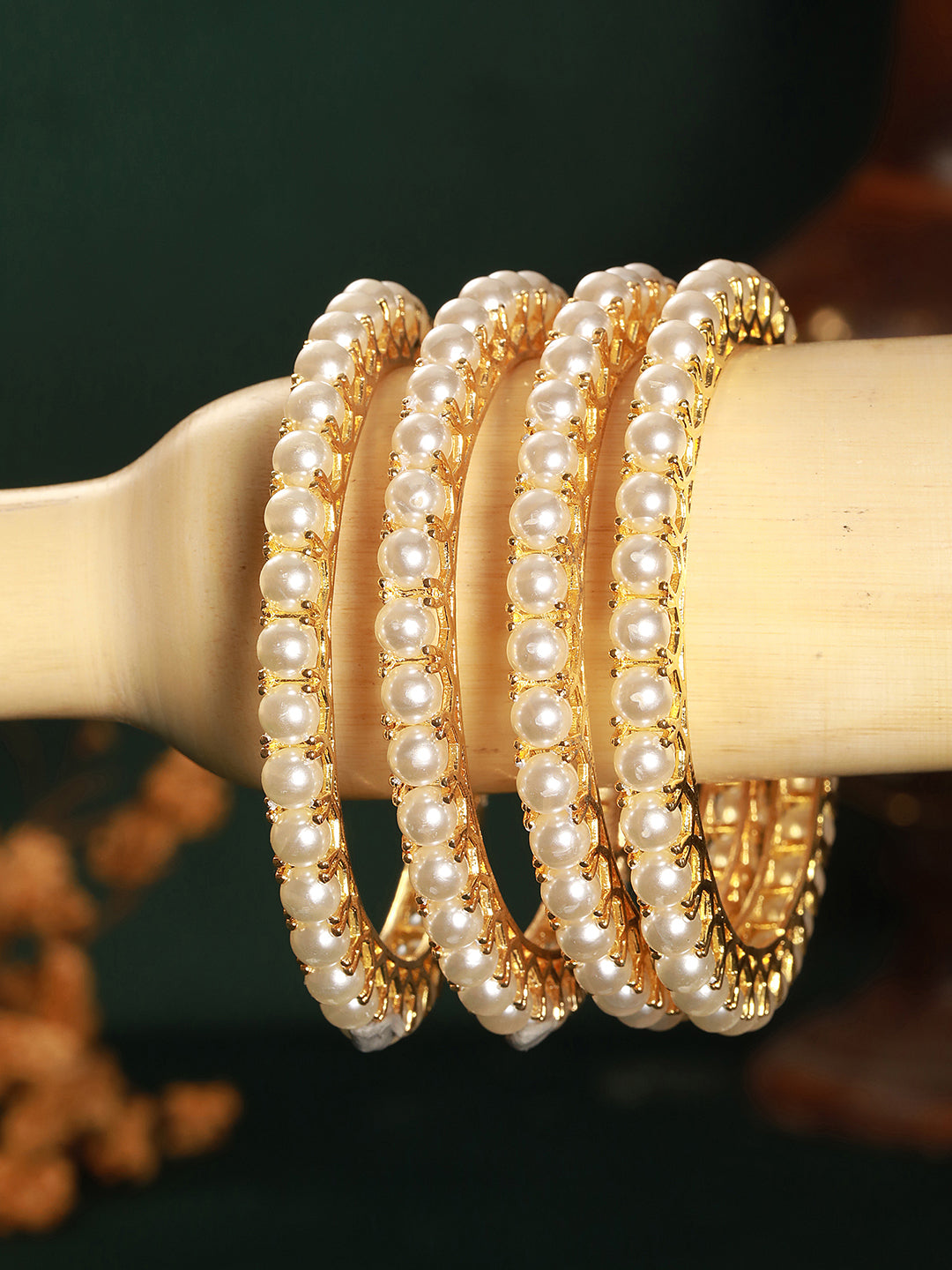 Set Of 4 Gold Polish Pearl Beaded Partywear Bangles